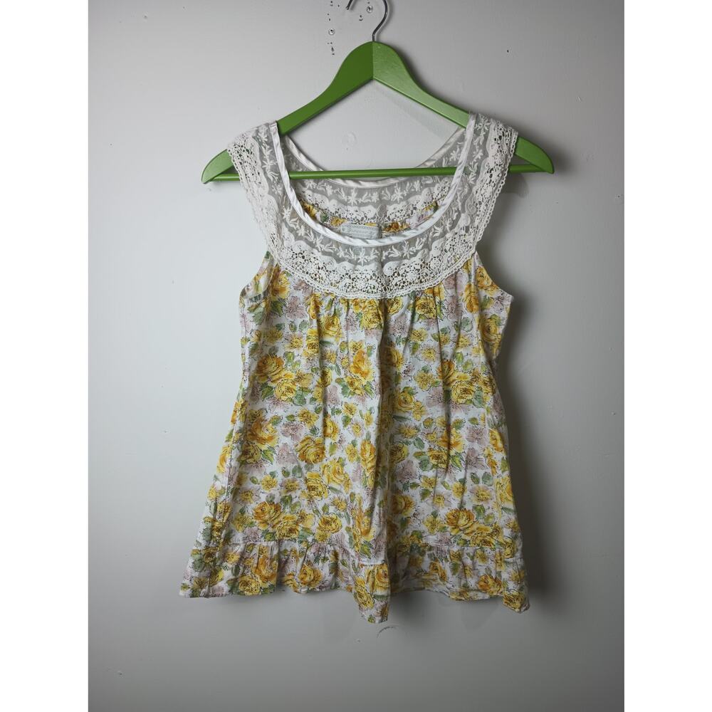 Vtg Forever 21 Floral Blouse Women's Small 100% Cotton Lace Neck sleeveless boho